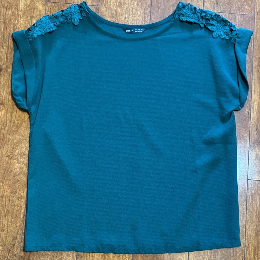 SHEIN Teal Blouse with Floral Shoulder Details